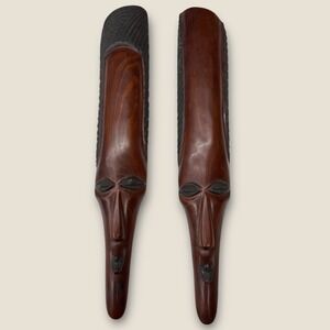 Vintage Hand Carved African Wood Wall Masks Pair Elongated Tribal Decor 19 Inch